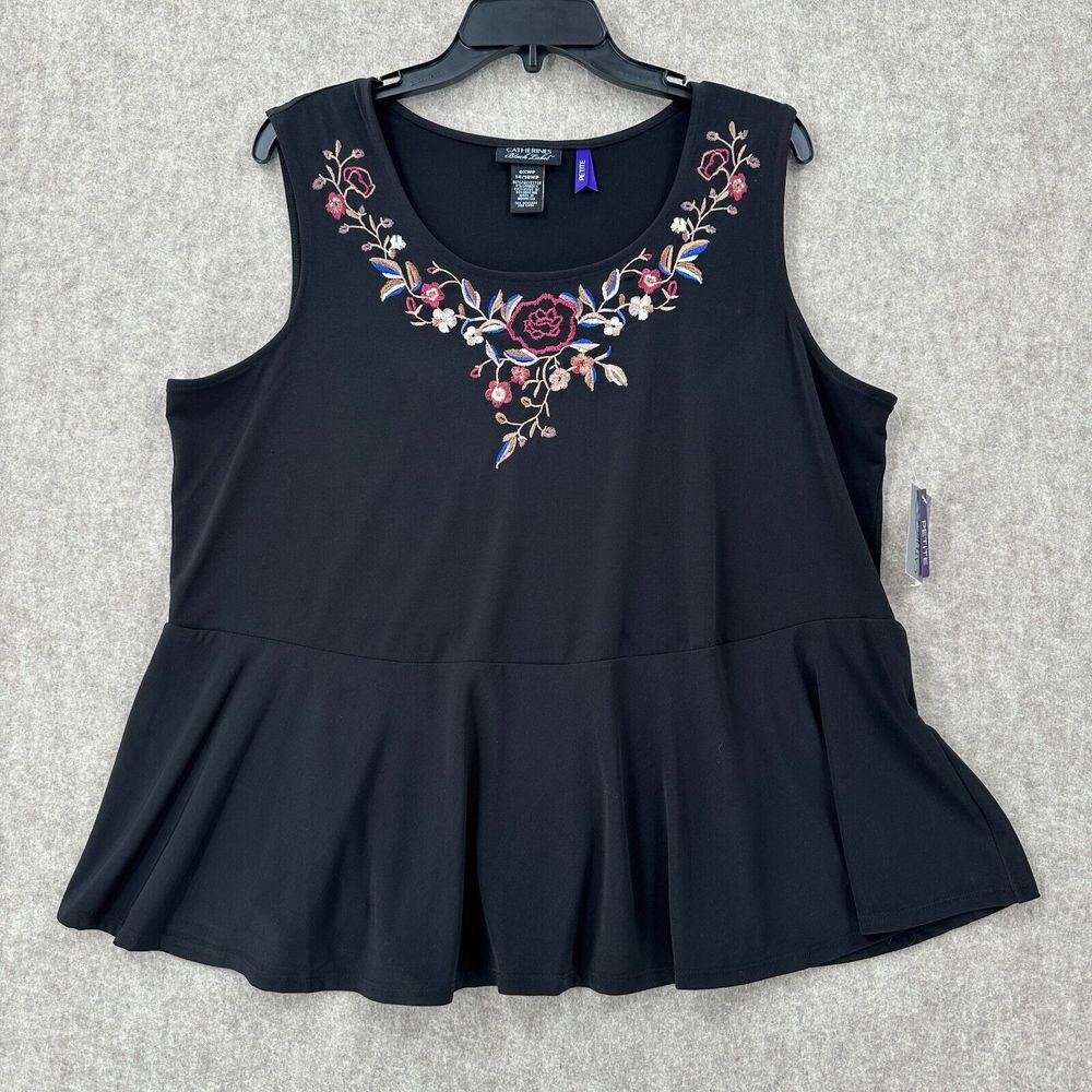 Catherines Plus Black Label Peplum Sleeveless Blouse Women 14/16 Embroideres Top